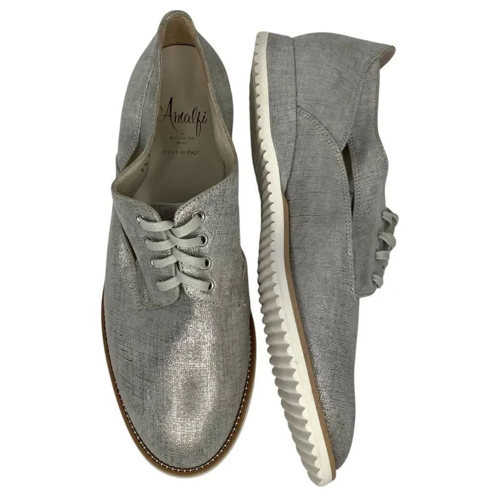 Amalfi by Rangoni Silver Textile/Leather Lace Tie Oxford Women Shoes Sz 7.5